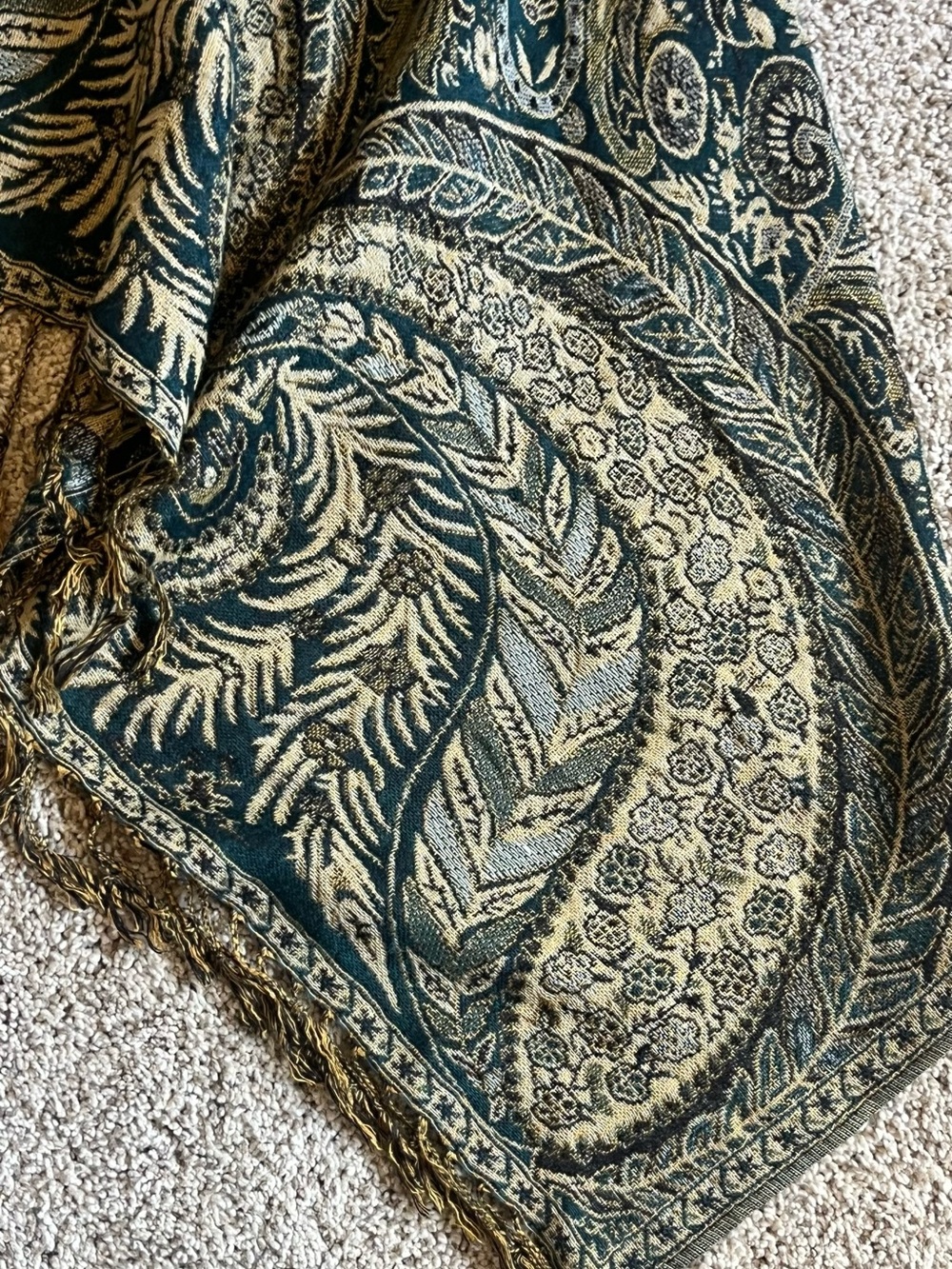100% Pashmina Jaquard Wrap Teal and Gold Woven Paisley Shawl - Picture 3 of 5